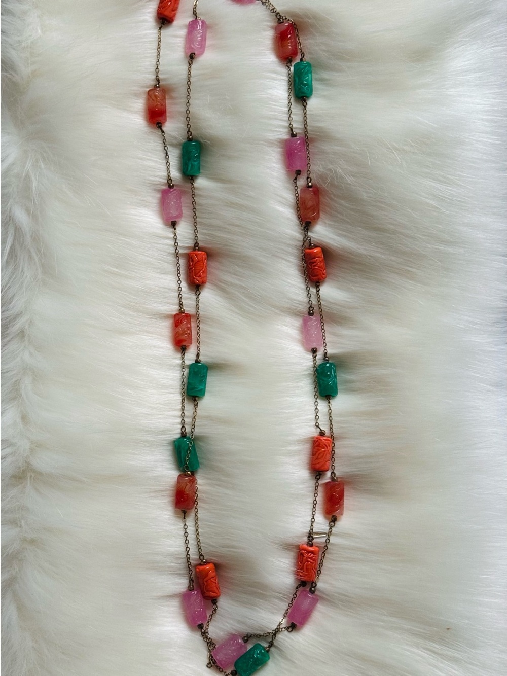 Hattie Carniegi Vintage Handcrafted Pink, Green & Orange Beaded  Long Necklace